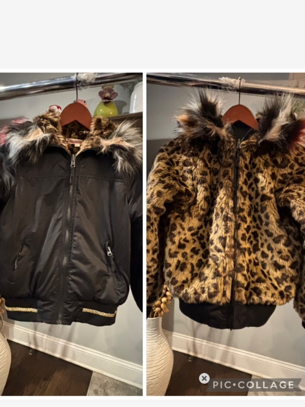 Reversible Vintage Havana Black Kids Fur-Trim Hooded Jacket with Gold Trim- med.